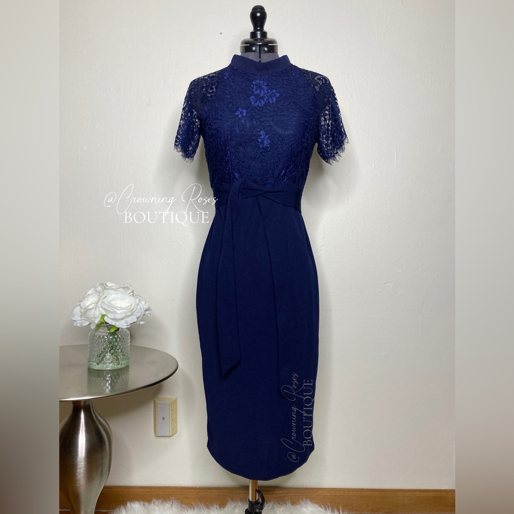 NEW SHEIN Small Navy Blue Lace Top Mock Neck Bodycon Midi Sheath Dress w Belt
